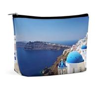 QMNVBDS Santorini - Trousse de maquillage de voyage étanche avec vue sur la mer sur l'île grecque, petite pochette à fermeture éclair, sac de voyage portable pour articles de toilette, jolie pochette