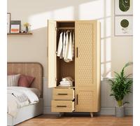 QMTXBYJ Armoire de Chambre en Rotin, Armoire Cannage en Bois, Armoires Penderie avec 2 Portes et 2 Tiroirs et 1 Tringle à Vêtements, Rotin Armoires de Rangement Chambre Style Naturel, 80x52x176cm