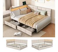 QMTXBYJ Canapé Lit 140x190 avec Éclairage LED et Prise USB, Cadre de Lit 2 Personnes avec Rangement et 2 Tiroirs, Lits 2 Places avec sommier à Lattes en Bois,pour Enfant/Adulte,sans Matelas,Lin
