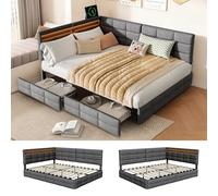 QMTXBYJ Canapé Lit 140x190 avec Éclairage LED et Prise USB, Cadre de Lit 2 Personnes avec Rangement et 2 Tiroirs, Lits 2 Places avec sommier à Lattes en Bois,pour Enfant/Adulte,sans Matelas,Lin