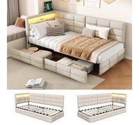 QMTXBYJ Canapé Lit 90x200 avec Éclairage LED et Prise USB, Cadre de Lit Simple 90x200 avec Rangement et 2 Tiroirs, Lits 1 Place avec Sommier à Lattes en Bois,pour Enfant/Adulte,sans Matelas,Lin