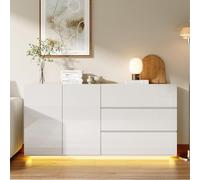 QMTXBYJ Commode blanche de 160 cm avec éclairage LED, 3 tiroirs et 2 portes, étagère, armoire de buffet pour salle à manger, salon, chambre à coucher, 160 x 35 x 76 cm