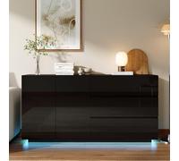QMTXBYJ Commode noire de 160 cm avec éclairage LED, 3 tiroirs et 2 portes, étagère, armoire de buffet pour salle à manger, salon, chambre à coucher, 160 x 35 x 76 cm