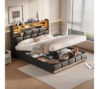 QMTXBYJ Lit 140x190 avec Éclairage LED et Port USB, lit Coffre hydraulique avec tête de Lits avec Compartiment de Rangement, Lits Double rembourré 140x190 avec sommier à Lattes, PU,sans Matelas