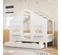 QMTXBYJ Lit Cabane Enfant 90x200 cm, Lit Cabane avec 2 Tiroirs, Lits au Sol en Bois Naturel avec Barriere, Lits Enfant Montessori avec Espace de Rangement et Sommier à Lattes, pour Enfants, Blanc