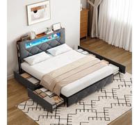 QMTXBYJ Lit capitonné, 140 x 190 cm, lit double, avec 4 tiroirs et sommier à lattes, tête de lit LED, fonction de charge USB, lit de rangement 140 x 190 cm, lit de rangement pour adultes et