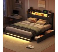 QMTXBYJ Lit capitonné, 140 x 190 cm, tête de lit LED, avec fonction de charge USB, lit double avec 4 tiroirs et sommier à lattes, lit double 140 x 190 cm, avec sommier à lattes, lit de rangement pour