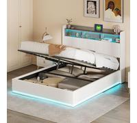 QMTXBYJ Lit Coffre 140x190 avec Éclairage LED et Port USB, lit hydraulique avec tête de lit avec Compartiment de Rangement, Lit Double rembourré 140x190 avec sommier à Lattes,Velours,sans Matelas