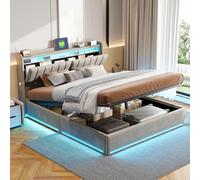 QMTXBYJ Lit Coffre 140x190 cm avec Éclairage LED et Port USB, lit Hydraulique avec Étagères Ouvertes et Rangement Caché, lit 2 Personnes avec Sommier à Lattes, Lits Double rembourré 140x190, Velours