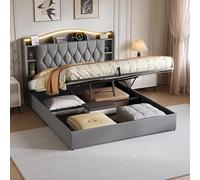 QMTXBYJ Lit Coffre 140x190 cm avec Éclairage LED et Prise USB, lit Double Hydraulique avec Étagères Ouvertes et Rangement Caché, Cadre de lit 2 Personnes avec Sommier à Lattes,sans Matelas,Velours