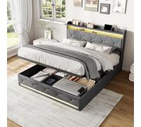 QMTXBYJ lit Coffre 140x200 avec Éclairage LED et Prise USB, Lit Double Rembourré avec Rangement hydraulique et Tête de Lit, Cadre de lit 2 Personnes avec Sommier à Lattes,sans matela,Lin