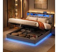 QMTXBYJ lit Coffre 140x200 avec Éclairage LED et Prise USB, Lit Double Rembourré avec Rangement hydraulique et Tête de Lit, Cadre de lit 2 Personnes avec Sommier à Lattes,sans matela,Lin
