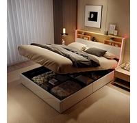 QMTXBYJ lit Coffre 140x200 avec Éclairage LED et USB,lit Hydraulique avec Étagères Ouvertes et Rangement Caché et Tête de Lit, Lits 2 Personnes avec Sommier à Lattes,Bois en PU,sans Matelas