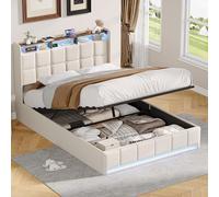 QMTXBYJ lit Coffre 160x200 avec Éclairage LED et Prise USB, Lit Double Rembourré avec Rangement hydraulique et Tête de Lit, Cadre de lit 2 Personnes avec Sommier à Lattes,sans matela,Lin
