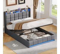 QMTXBYJ lit Coffre 160x200 avec Éclairage LED et Prise USB, Lit Double Rembourré avec Rangement hydraulique et Tête de Lit, Cadre de lit 2 Personnes avec Sommier à Lattes,sans matela,Lin