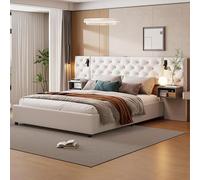 QMTXBYJ lit Coffre 160x200 avec Éclairage LED et USB,lit Hydraulique avec Tete de Lit, 2 Tables de Chevet et Rangement Caché, Lits 2 Personnes avec Sommier à Lattes,Bois en Velours,sans Matelas