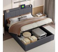 QMTXBYJ Lit Coffre 160x200 avec Sommier à Lattes,Lits Double Rembourré 160x200, Tête de Lit et Port USB,lit Hydraulique avec Rangement, Lits 2 Personnes Cadre de lit en Bois,sans Matelas