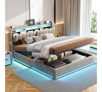 QMTXBYJ lit Coffre 160x200 cm avec Éclairage LED et Port USB, Lit Hydraulique avec Étagères Ouvertes et Rangement Caché en Tête de Lit Capitonné, Lits 2 Personnes avec Sommier en Bois et Velours