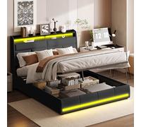QMTXBYJ Lit Coffre 160x200 cm avec Éclairage LED,Lits Double rembourré 160x200,lit Hydraulique avec Étagères Ouvertes et Rangement Caché, lit 2 Personnes avec Sommier à Lattes,PU