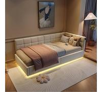 QMTXBYJ Lit Coffre 90x200 avec éclairage LED et Prise USB, Canapé lit 90x200 avec Espace de Rangement hydraulique et Tete de Lits, Cadre de lit 1 Place avec Sommier à Lattes(sans Matelas)