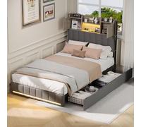 QMTXBYJ Lit Coffre 90x200 avec éclairage LED et USB, lit 1 Place Lits Simple 90x200 avec 2 Tiroirs,Tete de lit avec Espace de Rangement, Lits Rembourré avec Sommier à Lattes(sans Matelas)