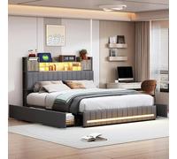 QMTXBYJ Lit Coffre 90x200 avec éclairage LED et USB, lit 1 Place Lits Simple 90x200 avec 2 Tiroirs,Tete de lit avec Espace de Rangement, Lits Rembourré avec Sommier à Lattes(sans Matelas)