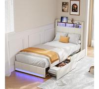 QMTXBYJ Lit Coffre 90x200 avec éclairage LED et USB, lit 1 Place Lits Simple 90x200 avec 2 Tiroirs,Tete de lit avec Espace de Rangement, Lits Rembourré avec Sommier à Lattes(sans Matelas)
