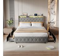 QMTXBYJ Lit double 140 x 200 cm, cadre de lit double avec 4 tiroirs, éclairage LED et fonction de charge USB, lit 140 x 200 cm, avec tiroirs, lit à tiroirs avec espace de rangement pour adolescents