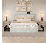 QMTXBYJ Lit Double 140x190, Cadre de Lits avec 4 tiroirs et sommier à Lattes, Lits rembourré 140x190 avec Rangement, Tête de lit avec 2 Port USB de Type C, Lit 2 Personnes pour Adolescents