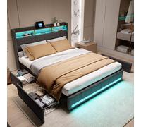 QMTXBYJ Lit Double 140x200, Cadre de Lits avec 4 tiroirs et sommier à Lattes, Lits rembourré 140x200, Tête de lit LED avec Compartiment de Rangement et 2 USB, Lit 2 Personnes pour Adolescents