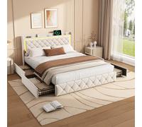 QMTXBYJ Lit Double 140x200, Cadre de Lits avec 4 tiroirs et sommier à Lattes, Lits rembourré 140x200, Tête de lit LED avec Compartiment de Rangement et 2 USB, Lit 2 Personnes pour Adolescents