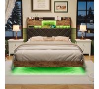 QMTXBYJ Lit Double 160x200 avec Éclairage LED et Port USB, Lit 2 Personnes avec PU Tête de Lit et Rangement, Lits Flottant 160x200 cm, Cadre de lit avec Sommier à Lattes en Métal et Bois,sans Matelas