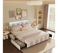 QMTXBYJ Lit Double 160x200, Cadre de Lits avec 4 tiroirs et sommier à Lattes, Lits rembourré 160x200, Tête de lit LED avec Compartiment de Rangement et 2 USB, Lit 2 Personnes pour Adolescents