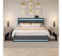 QMTXBYJ Lit Double 160x200 cm, Cadre de Lits avec 4 tiroirs et sommier à Lattes, Lits rembourré 160x200 avec Rangement, Tête de lit avec 2 Port USB de Type C, Lit 2 Personnes pour Adolescents,Lin