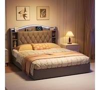 QMTXBYJ Lit double rembourré, 140 x 190 cm, avec espace de rangement hydraulique, éclairage LED, 2 ports USB et chargement sans fil, avec tête de lit et sommier à lattes, en flanelle