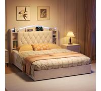 QMTXBYJ Lit double rembourré, 140 x 190 cm, avec espace de rangement hydraulique, éclairage LED, 2 ports USB et chargement sans fil, avec tête de lit et sommier à lattes, en flanelle