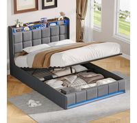 QMTXBYJ Lit double rembourré, 140 x 190 cm, LED, avec espace de rangement et sommier à lattes, lit double de 140 x 190 cm, avec tête de lit de rangement et USB, lit de rangement hydraulique, en lin