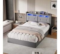 QMTXBYJ Lit double rembourré, 140 x 200 cm, espace de rangement avec LED et USB, lit double avec espace de rangement, tête de lit et sommier à lattes, lit hydraulique, 140 x 200 cm, lit pour