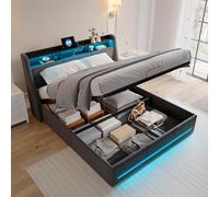 QMTXBYJ Lit Double Rembourré 140x190 cm, lit hydraulique avec Espace de Rangement et sommier à Lattes,tête de lit LED avec Compartiment de Rangement et Fonction de Charge USB,sans Matelas