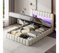 QMTXBYJ Lit Double Rembourré 140x200 avec LED et USB, Lit Hydraulique avec Étagères Ouvertes et Rangement Caché, Lits Bubble avec Sommier à Lattes, Lits 2 Personnes, Bois en Velours,sans Matelas