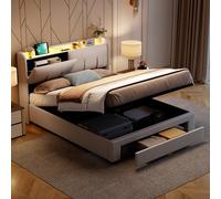 QMTXBYJ Lit Double rembourré 140x200 cm,lit Coffre avec tiroirs et sommier à Lattes,tête de lit avec Compartiment de Rangement et Fonction de Charge LED et USB, Cadre de lit en Bois Massif et Velours