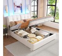 QMTXBYJ Lit Double rembourré 140x200 cm, Lit Hydraulique avec Rangement Caché, lit Coffre 140x200 avec sommier à Lattes, tête de lit avec Éclairage LED, Cadre de Lits en Bois Massif et Velours