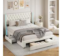 QMTXBYJ lit double rembourré, 160 x 200 cm, tête de lit LED et tiroirs, rangement, cadre réglable pour adolescent, sommier à lattes