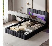 QMTXBYJ Lit Double Rembourré 160x200 avec LED et USB, Lit Hydraulique avec Étagères Ouvertes et Rangement Caché, Lits Bubble avec Sommier à Lattes, Lits 2 Personnes, Bois en Velours,sans Matelas