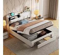 QMTXBYJ Lit Double rembourré 160x200 cm,lit Coffre avec tiroirs et sommier à Lattes,tête de lit avec Compartiment de Rangement et Fonction de Charge LED et USB, Cadre de lit en Bois Massif et Velours