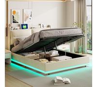 QMTXBYJ Lit Double rembourré 160x200 cm, Lit Hydraulique avec Étagères Ouvertes et Rangement Caché, tête de lit avec Éclairage LED et Port USB, lit Coffre 160x200 avec Sommier en Bois et Velours