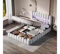 QMTXBYJ Lit Double Rembourré 180x200 avec LED et USB, Lit Hydraulique avec Étagères Ouvertes et Rangement Caché, Lits Bubble avec Sommier à Lattes, Lits 2 Personnes, Bois en Velours,sans Matelas