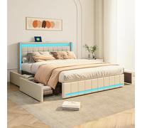 QMTXBYJ Lit double rembourré, avec espace de rangement, 140 x 200 cm, 4 tiroirs, éclairage LED, tête de lit, avec fonction de charge USB, lit de rangement, beige