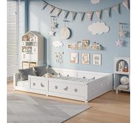 QMTXBYJ Lit Enfant 140x200 cm, Lit au Sol 140x200 avec Barrière de Sécurité et Sommier à Lattes, Cadre de Lits Montessori au Sol en Bois Massif Pin, Lit Sol Enfant Bois pour Enfant et Bébés, Blanc
