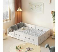 QMTXBYJ Lit Enfant 140x200 cm, Lit au Sol 140x200 avec Barrière de Sécurité et Sommier à Lattes, Cadre de Lits Montessori au Sol en Bois Massif Pin, Lit Sol Enfant Bois pour Enfant et Bébés, Blanc